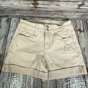 SO Women's Juniors 3 Midi Jean Shorts Light Pink Denim Distressed Stretch